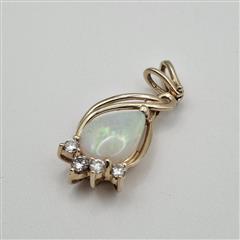 14K Yellow Gold Elegant Pear Cabochon Opal & Diamond Accent Teardrop Pendant